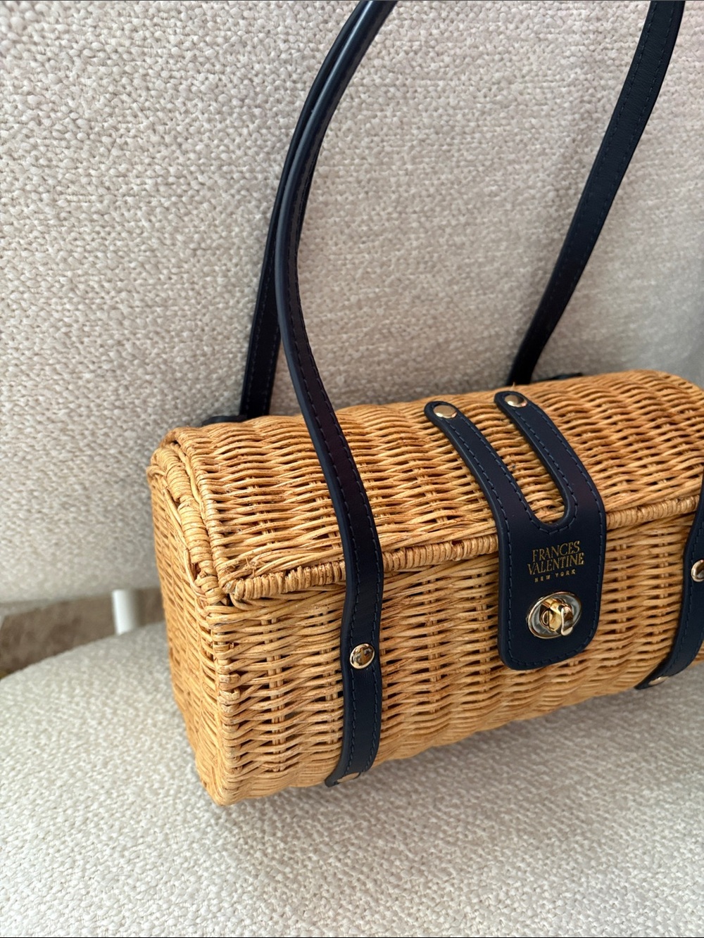 Frances Valentine Wicker Mini Barrel Bag with Black Leather Trim - Picture 2 of 6